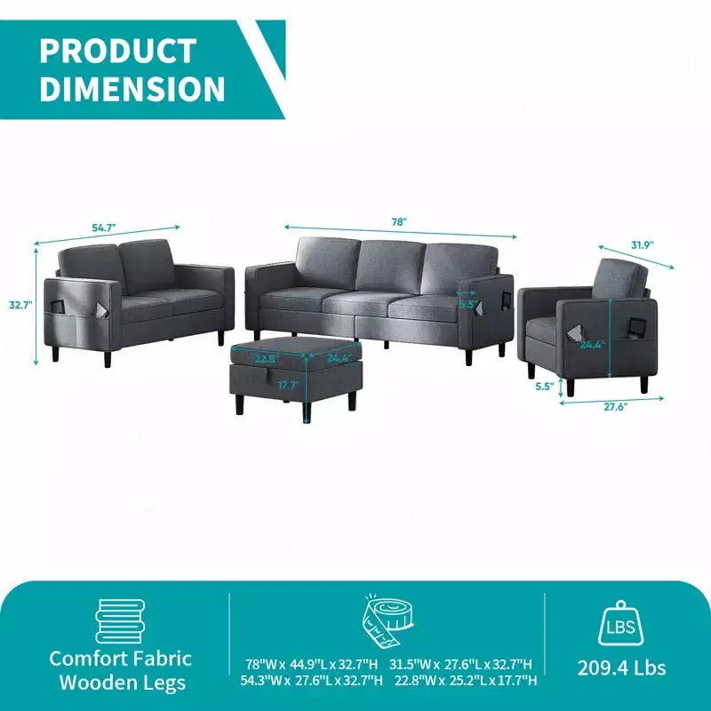 Divano componibile Mjkone 78 in lino, set divano a 3 posti con pouf contenitore e divano a due posti e poltrona