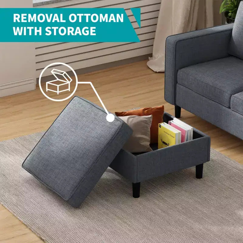 Divano componibile Mjkone 78 in lino, set divano a 3 posti con pouf contenitore e divano a due posti e poltrona
