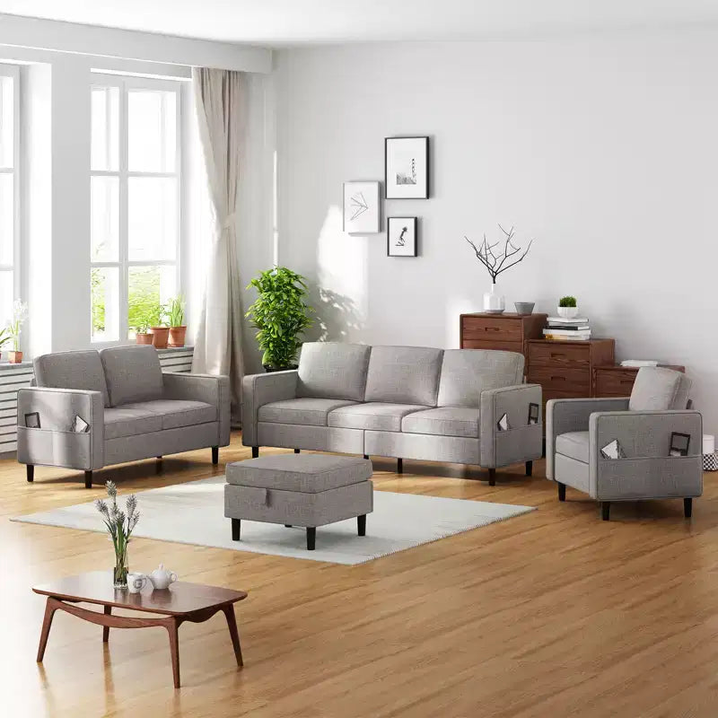 Divano componibile Mjkone 78 in lino, set divano a 3 posti con pouf contenitore e divano a due posti e poltrona