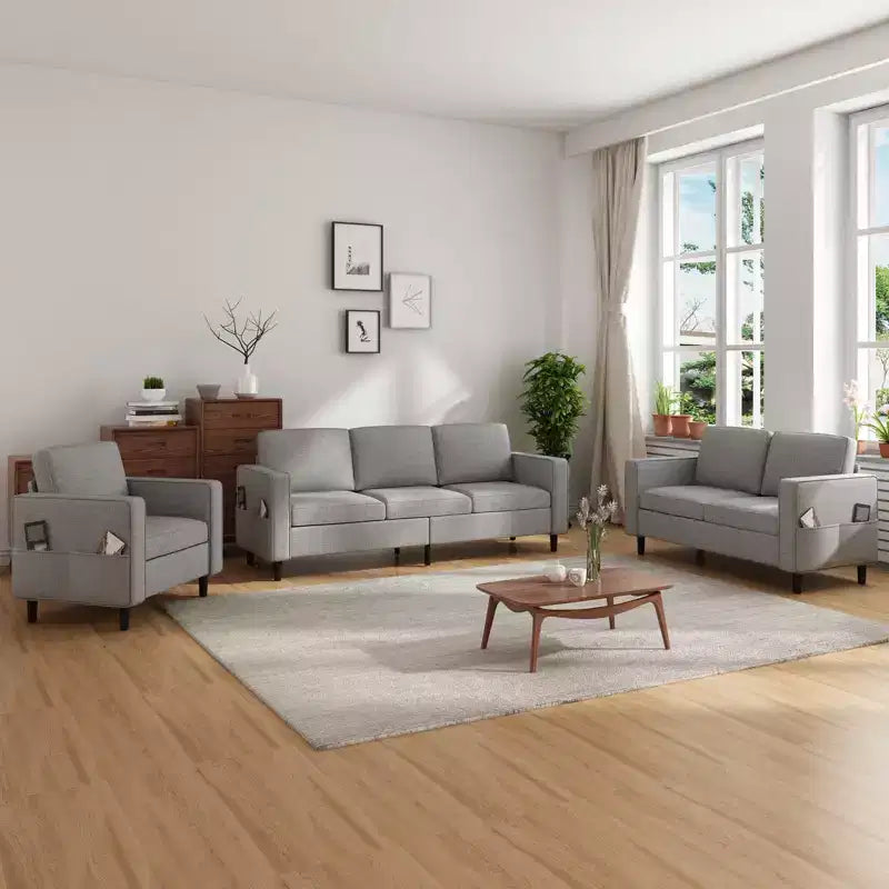 Divano componibile Mjkone 78 in lino, set divano a 3 posti con pouf contenitore e divano a due posti e poltrona