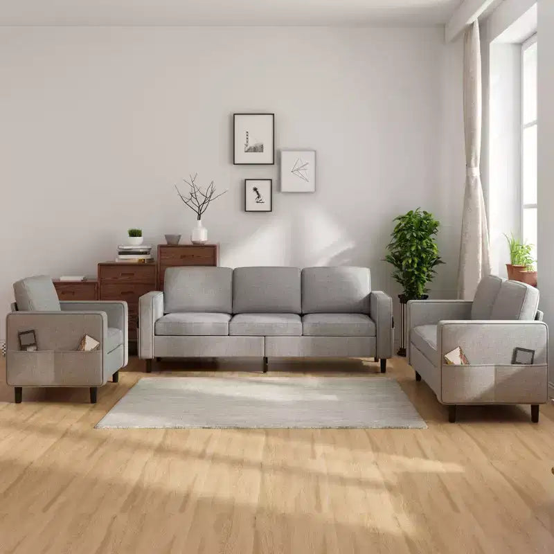 Divano componibile Mjkone 78 in lino, set divano a 3 posti con pouf contenitore e divano a due posti e poltrona