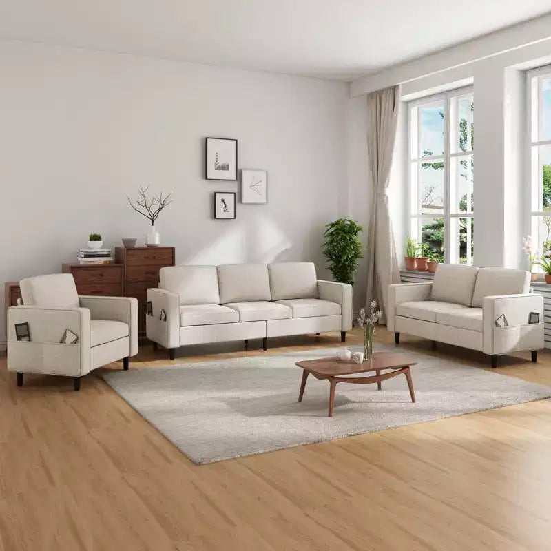 Divano componibile Mjkone 78 in lino, set divano a 3 posti con pouf contenitore e divano a due posti e poltrona