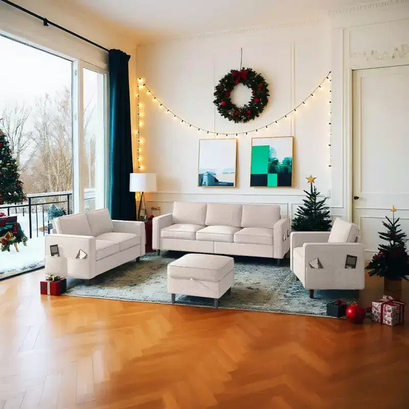 Divano componibile Mjkone 78 in lino, set divano a 3 posti con pouf contenitore e divano a due posti e poltrona