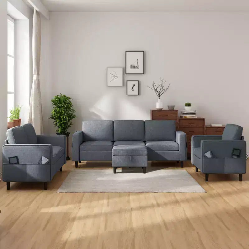 Divano componibile Mjkone 78 in lino, set divano a 3 posti con pouf contenitore e divano a due posti e poltrona