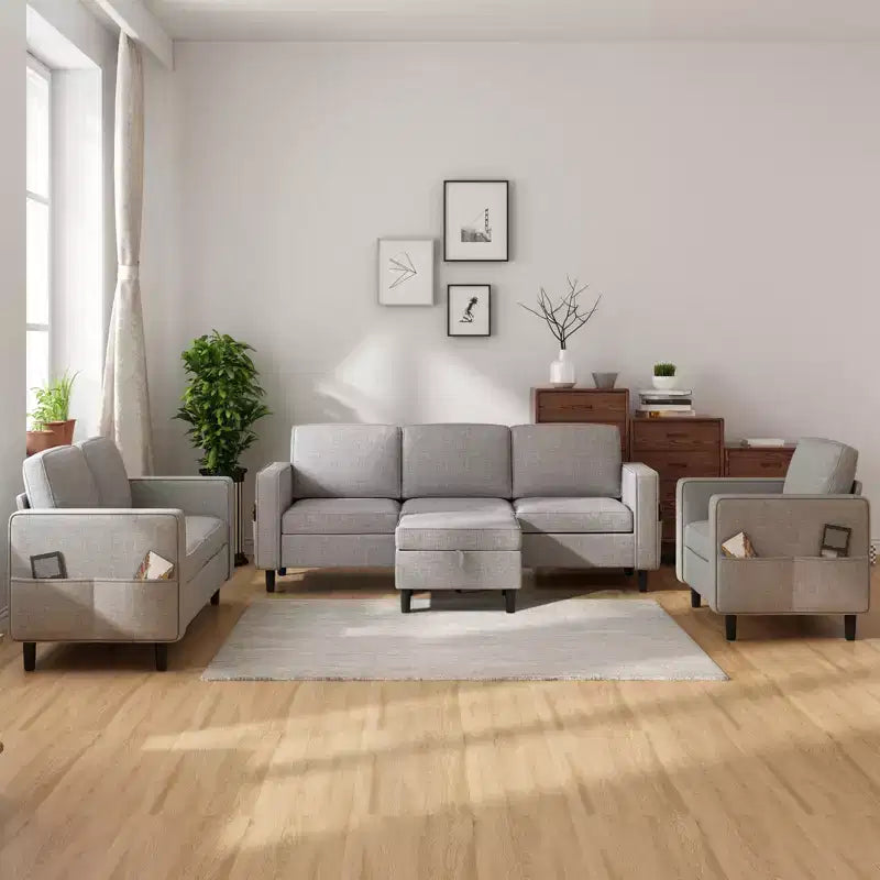 Divano componibile Mjkone 78 in lino, set divano a 3 posti con pouf contenitore e divano a due posti e poltrona