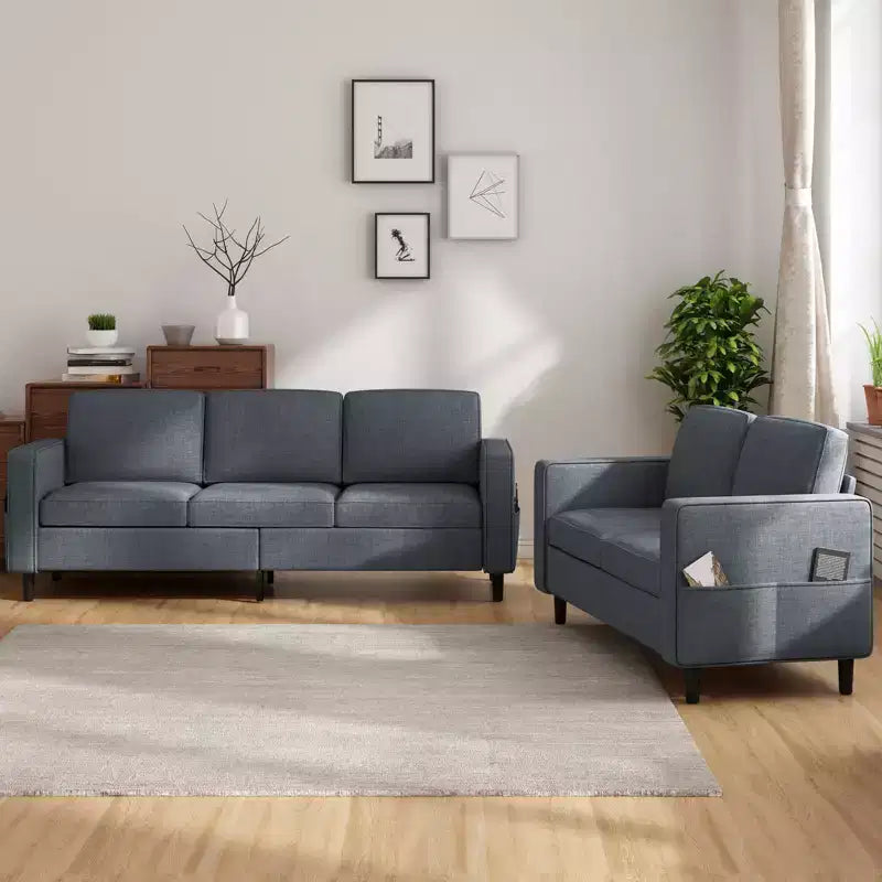 Divano componibile trasformabile Mjkone 3 pezzi, divano a 3 posti e divanetto in lino con tasca laterale, pouf contenitore