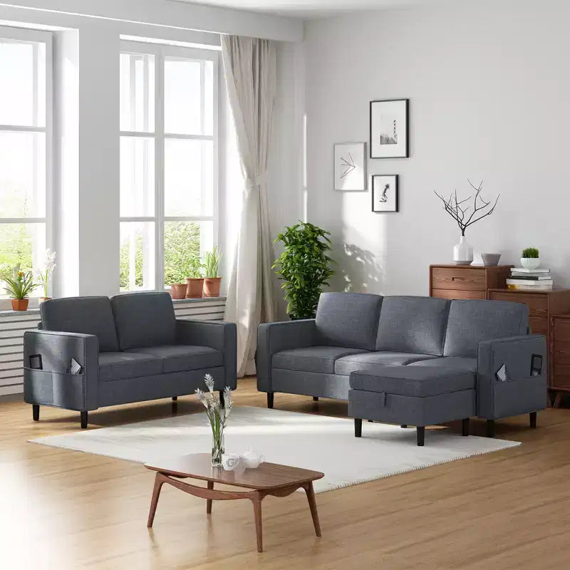 Divano componibile trasformabile Mjkone 3 pezzi, divano a 3 posti e divanetto in lino con tasca laterale, pouf contenitore