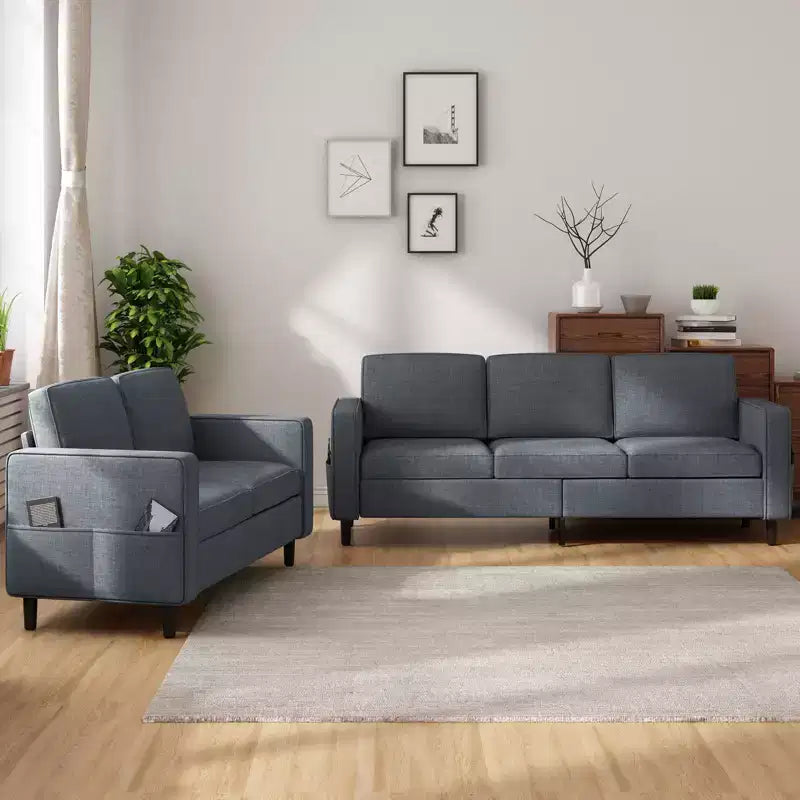 Divano componibile trasformabile Mjkone 3 pezzi, divano a 3 posti e divanetto in lino con tasca laterale, pouf contenitore