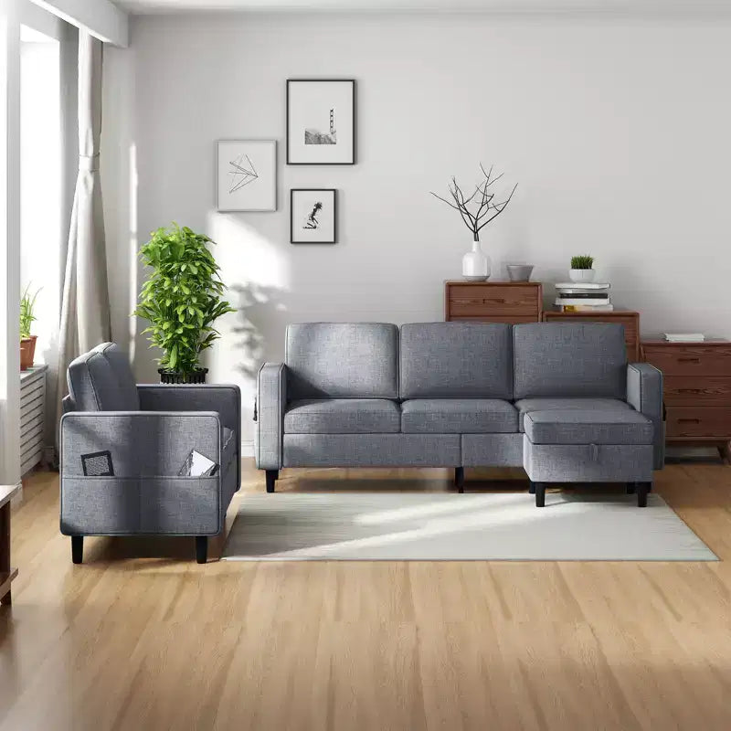 Divano componibile trasformabile Mjkone 3 pezzi, divano a 3 posti e divanetto in lino con tasca laterale, pouf contenitore