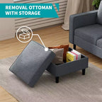 Divano componibile trasformabile Mjkone 3 pezzi, divano a 3 posti e divanetto in lino con tasca laterale, pouf contenitore