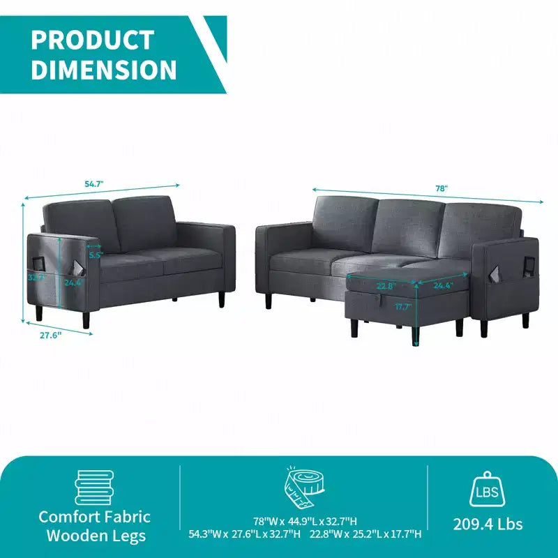 Divano componibile trasformabile Mjkone 3 pezzi, divano a 3 posti e divanetto in lino con tasca laterale, pouf contenitore