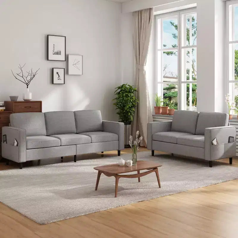 Divano componibile trasformabile Mjkone 3 pezzi, divano a 3 posti e divanetto in lino con tasca laterale, pouf contenitore
