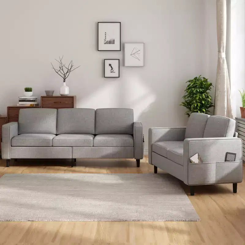 Divano componibile trasformabile Mjkone 3 pezzi, divano a 3 posti e divanetto in lino con tasca laterale, pouf contenitore
