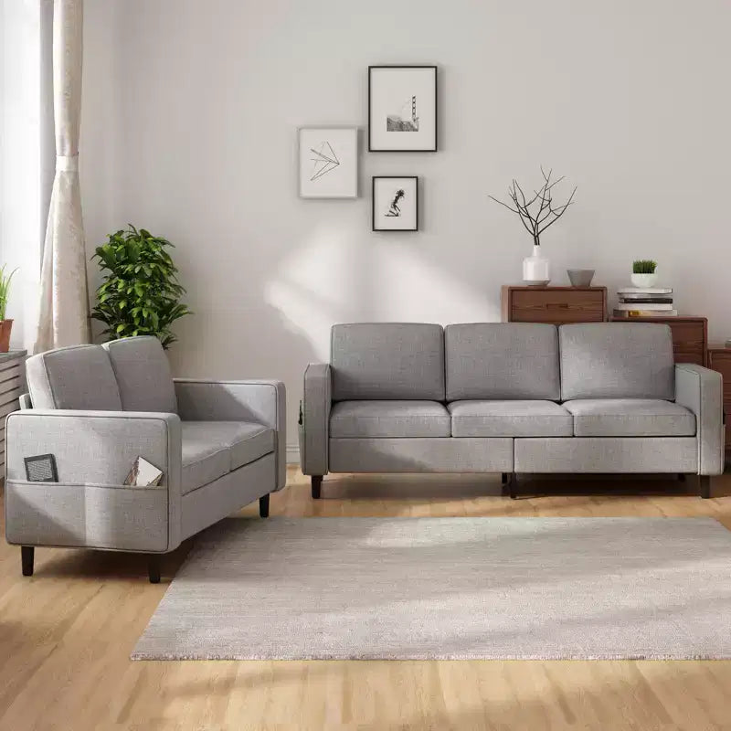 Divano componibile trasformabile Mjkone 3 pezzi, divano a 3 posti e divanetto in lino con tasca laterale, pouf contenitore