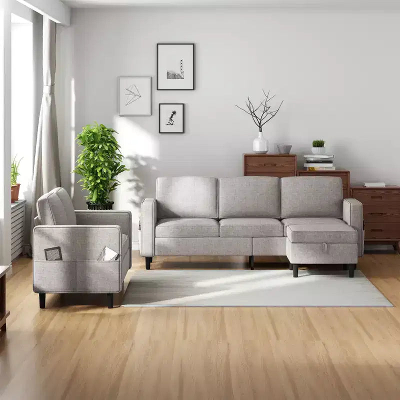 Divano componibile trasformabile Mjkone 3 pezzi, divano a 3 posti e divanetto in lino con tasca laterale, pouf contenitore