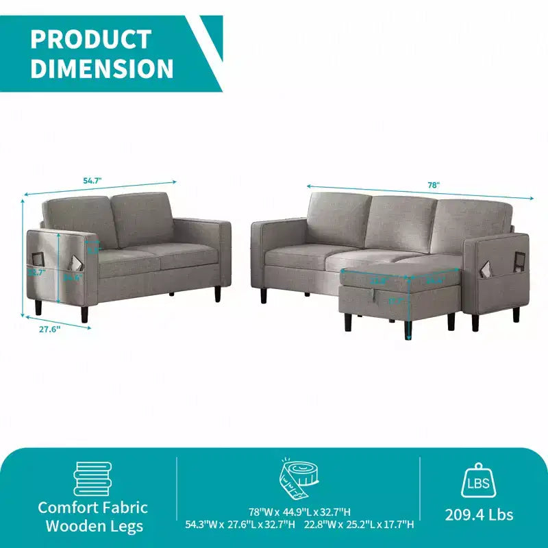 Divano componibile trasformabile Mjkone 3 pezzi, divano a 3 posti e divanetto in lino con tasca laterale, pouf contenitore