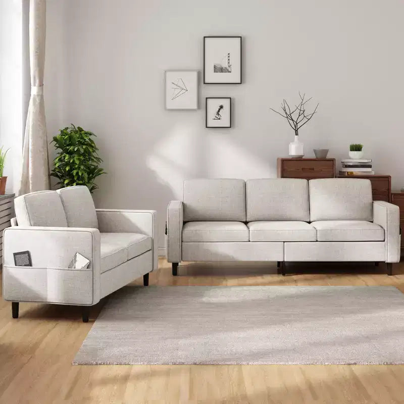 Divano componibile trasformabile Mjkone 3 pezzi, divano a 3 posti e divanetto in lino con tasca laterale, pouf contenitore