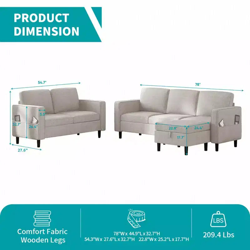 Divano componibile trasformabile Mjkone 3 pezzi, divano a 3 posti e divanetto in lino con tasca laterale, pouf contenitore
