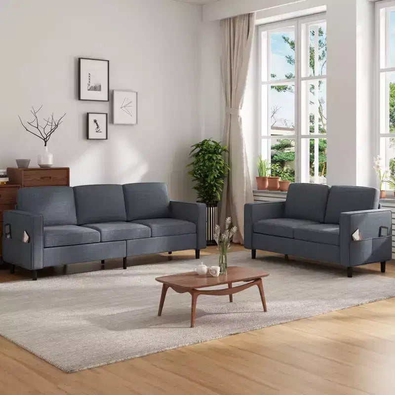 Divano componibile trasformabile Mjkone 3 pezzi, divano a 3 posti e divanetto in lino con tasca laterale, pouf contenitore