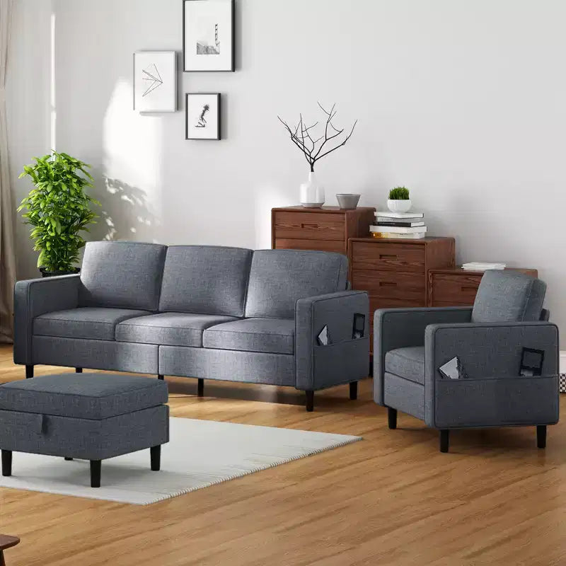 Mjkone Divano letto a 3 posti convertibile in lino con pouf contenitore e poltrona singola con tasca laterale