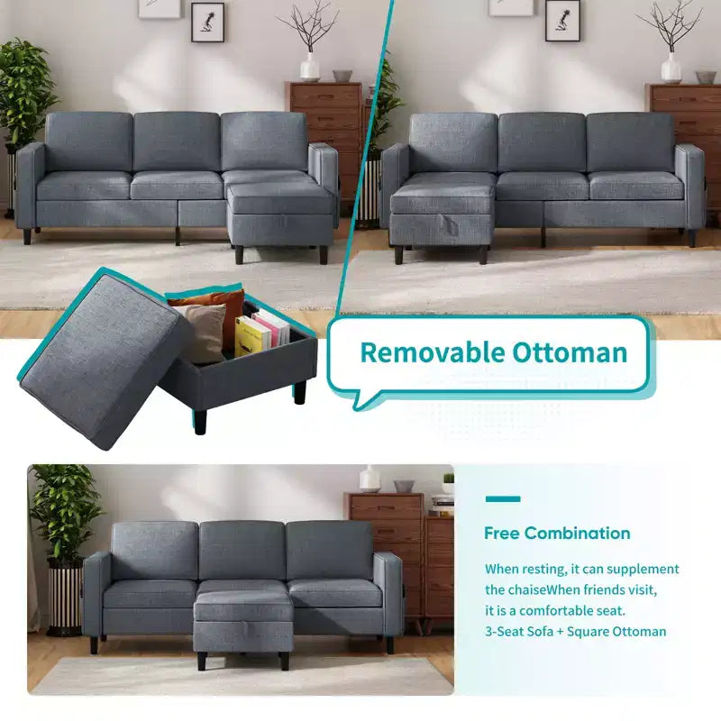 Mjkone Divano letto a 3 posti convertibile in lino con pouf contenitore e poltrona singola con tasca laterale