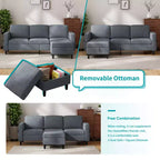 Mjkone Divano letto a 3 posti convertibile in lino con pouf contenitore e poltrona singola con tasca laterale