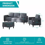 Mjkone Divano letto a 3 posti convertibile in lino con pouf contenitore e poltrona singola con tasca laterale