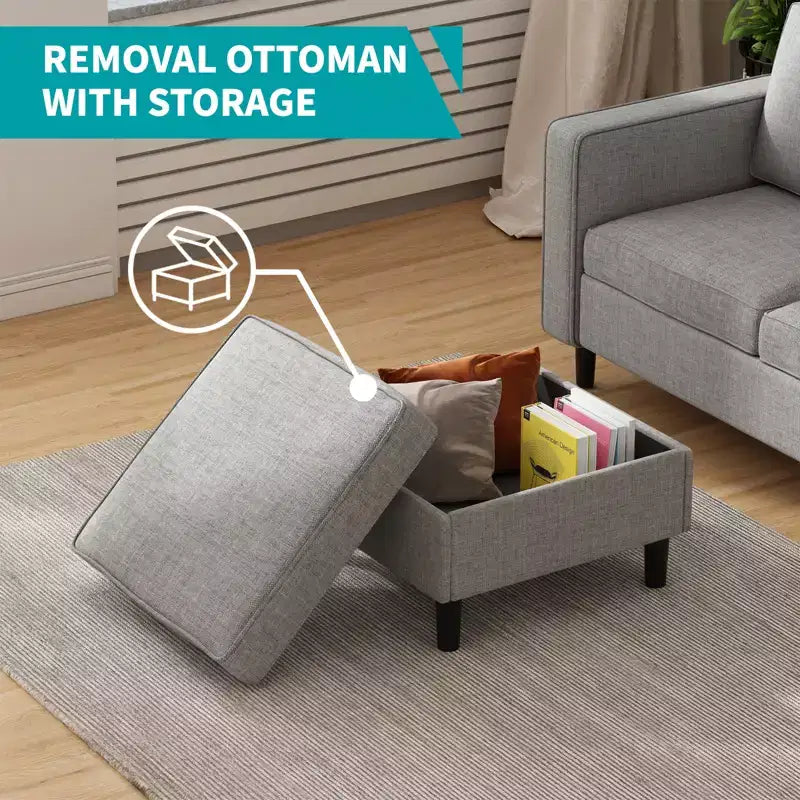 Mjkone Divano letto a 3 posti convertibile in lino con pouf contenitore e poltrona singola con tasca laterale