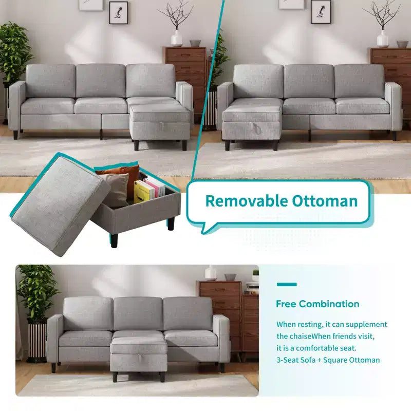 Mjkone Divano letto a 3 posti convertibile in lino con pouf contenitore e poltrona singola con tasca laterale