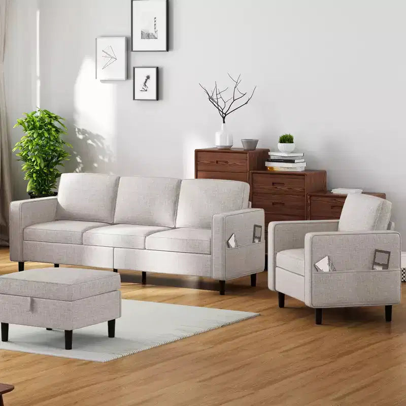 Mjkone Divano letto a 3 posti convertibile in lino con pouf contenitore e poltrona singola con tasca laterale