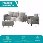 Mjkone Divano letto a 3 posti convertibile in lino con pouf contenitore e poltrona singola con tasca laterale