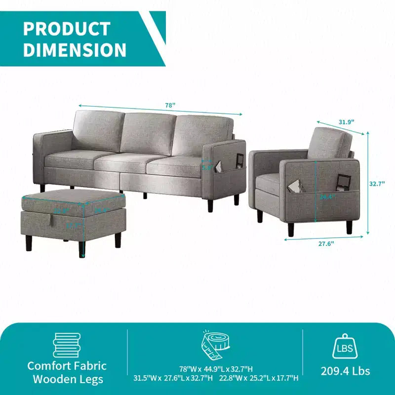 Mjkone Divano letto a 3 posti convertibile in lino con pouf contenitore e poltrona singola con tasca laterale