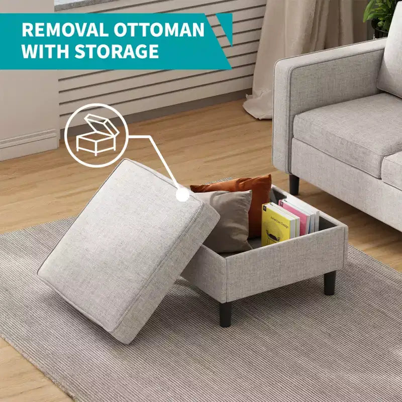 Mjkone Divano letto a 3 posti convertibile in lino con pouf contenitore e poltrona singola con tasca laterale