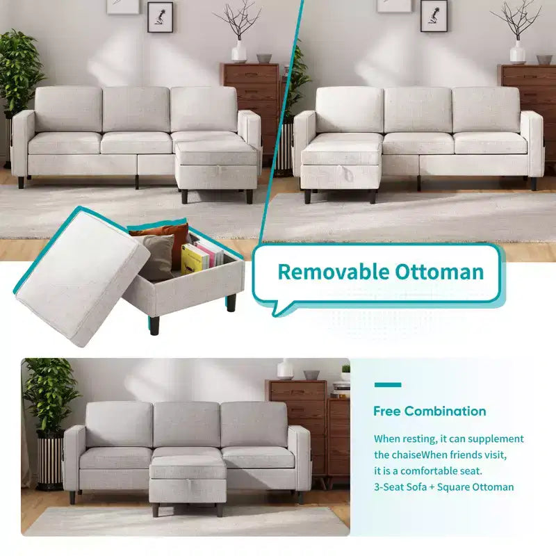 Mjkone Divano letto a 3 posti convertibile in lino con pouf contenitore e poltrona singola con tasca laterale