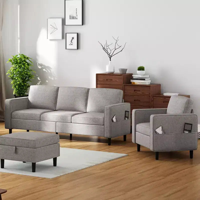 Mjkone Divano letto a 3 posti convertibile in lino con pouf contenitore e poltrona singola con tasca laterale