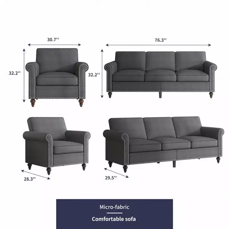 Mjkone Divano a 3 posti moderno in lino con poltrona singola e design a rivetti per soggiorno, camera da letto, appartamento, ufficio
