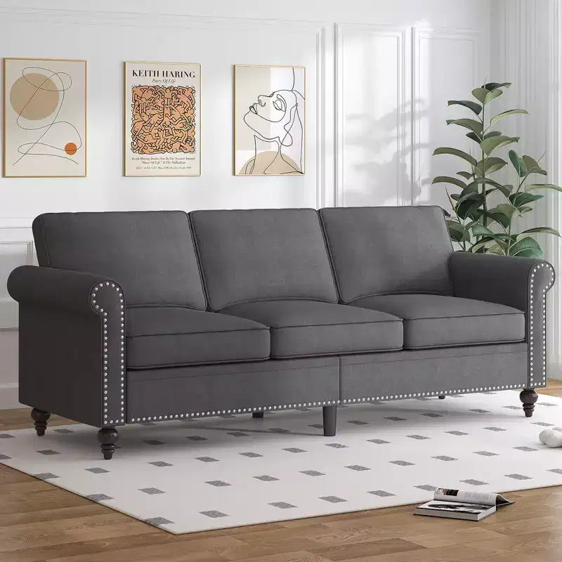 Mjkone Divano a 3 posti moderno in lino con poltrona singola e design a rivetti per soggiorno, camera da letto, appartamento, ufficio