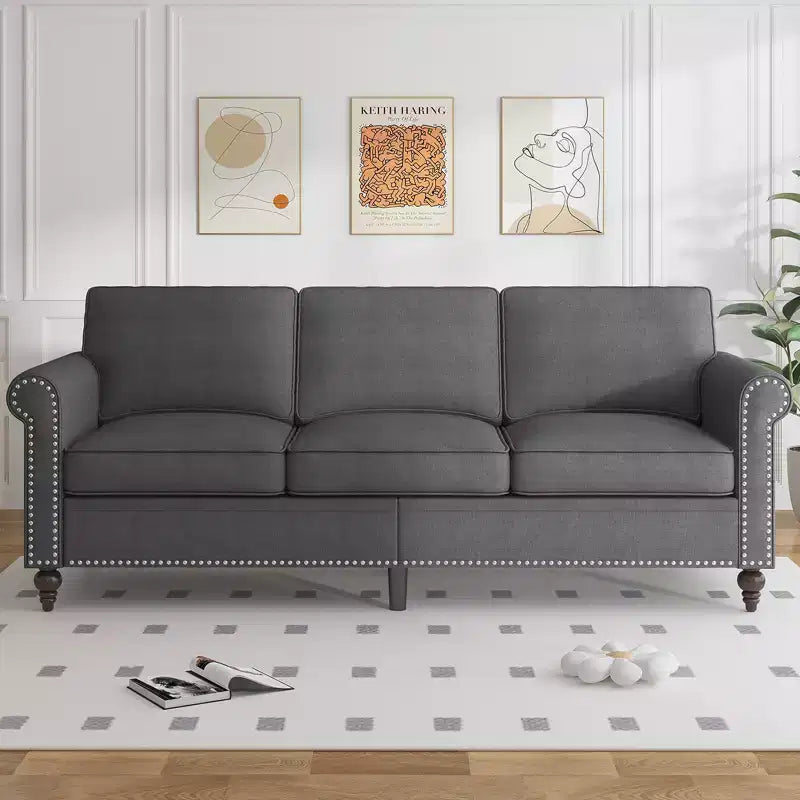 Mjkone Divano a 3 posti moderno in lino con poltrona singola e design a rivetti per soggiorno, camera da letto, appartamento, ufficio