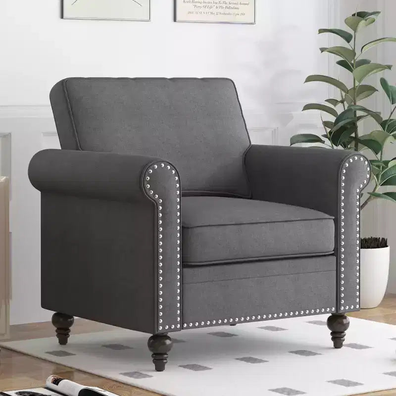 Mjkone Divano a 3 posti moderno in lino con poltrona singola e design a rivetti per soggiorno, camera da letto, appartamento, ufficio