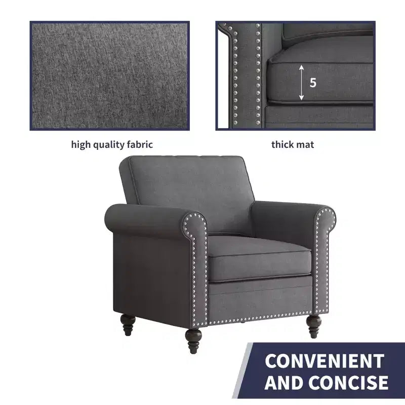 Mjkone Divano a 3 posti moderno in lino con poltrona singola e design a rivetti per soggiorno, camera da letto, appartamento, ufficio