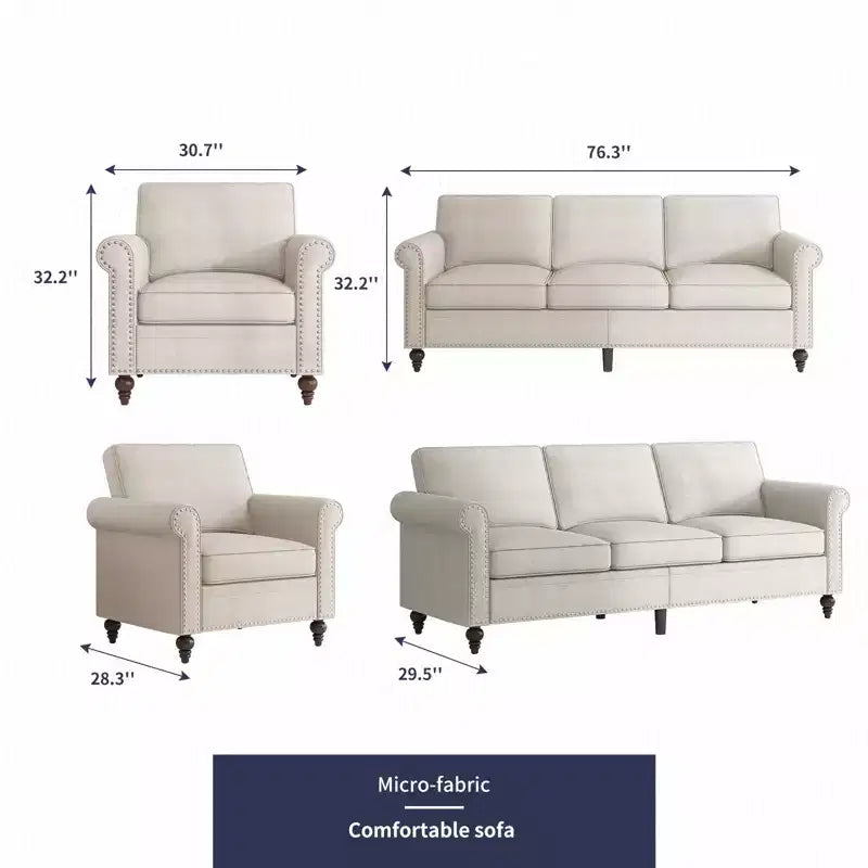 Mjkone Divano a 3 posti moderno in lino con poltrona singola e design a rivetti per soggiorno, camera da letto, appartamento, ufficio