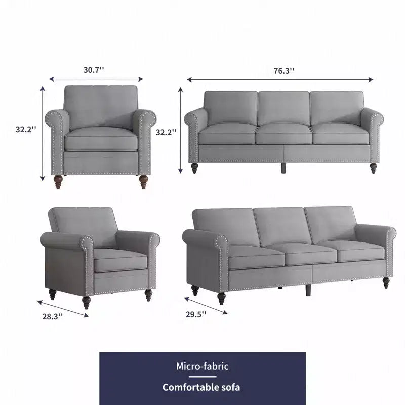 Mjkone Divano a 3 posti moderno in lino con poltrona singola e design a rivetti per soggiorno, camera da letto, appartamento, ufficio