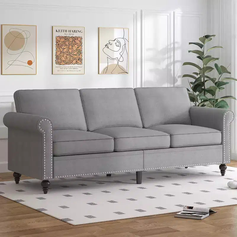 Mjkone Divano a 3 posti moderno in lino con poltrona singola e design a rivetti per soggiorno, camera da letto, appartamento, ufficio