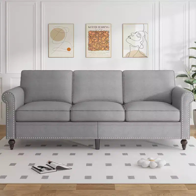 Mjkone Divano a 3 posti moderno in lino con poltrona singola e design a rivetti per soggiorno, camera da letto, appartamento, ufficio