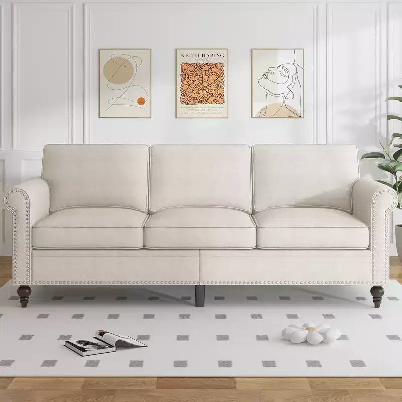Mjkone Divano a 3 posti moderno in lino con poltrona singola e design a rivetti per soggiorno, camera da letto, appartamento, ufficio