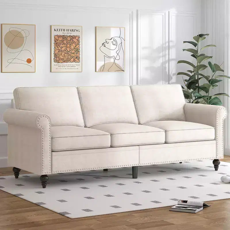 Mjkone Divano a 3 posti moderno in lino con poltrona singola e design a rivetti per soggiorno, camera da letto, appartamento, ufficio