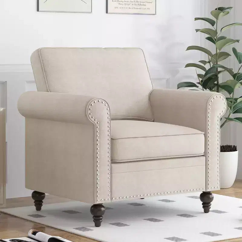 Mjkone Divano a 3 posti moderno in lino con poltrona singola e design a rivetti per soggiorno, camera da letto, appartamento, ufficio