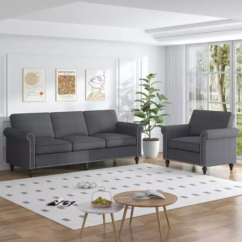 Mjkone Divano a 3 posti moderno in lino con poltrona singola e design a rivetti per soggiorno, camera da letto, appartamento, ufficio