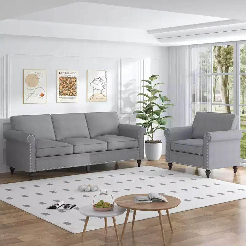 Mjkone Divano a 3 posti moderno in lino con poltrona singola e design a rivetti per soggiorno, camera da letto, appartamento, ufficio