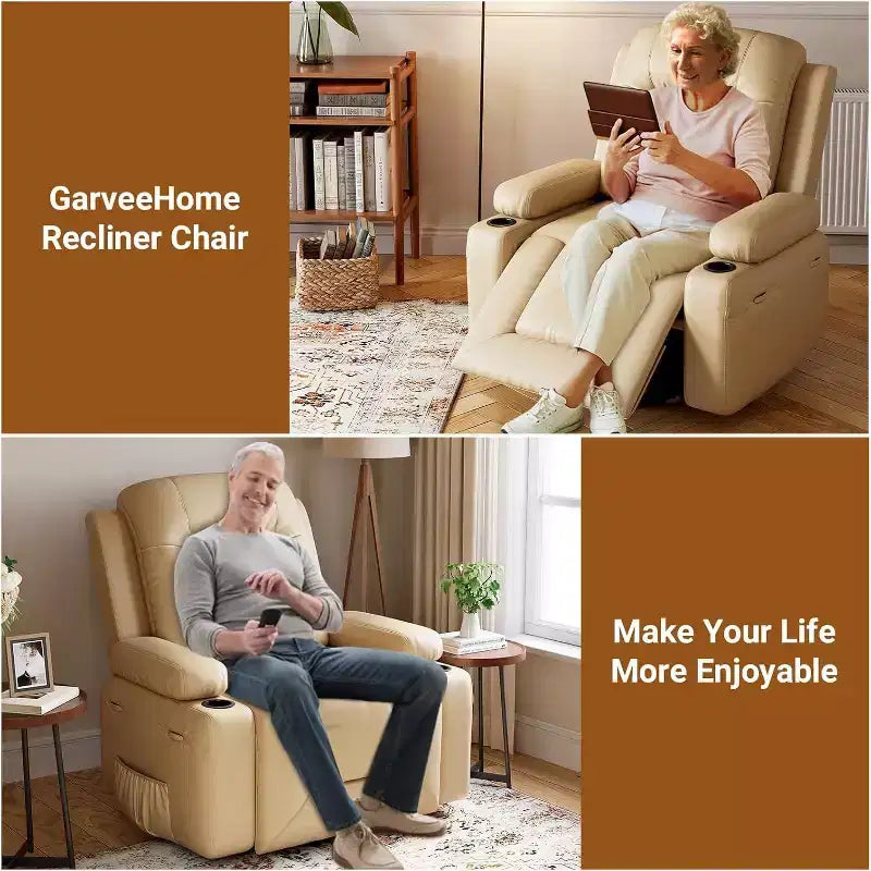 Poltrona reclinabile oversize con sollevamento assistito, calore e massaggio - Poltrona reclinabile in similpelle, con contenitore integrato e portabicchieri